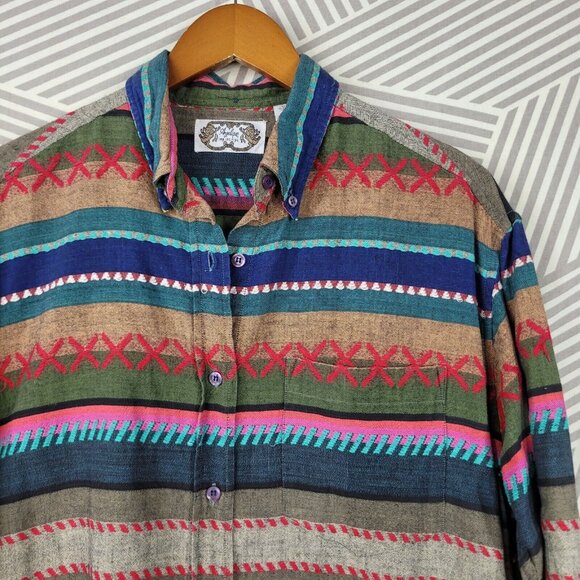 Vintage 90s Top Shirt Button Up Size Medium Aztec Southwest Pockets Tunic - Picture 3 of 6
